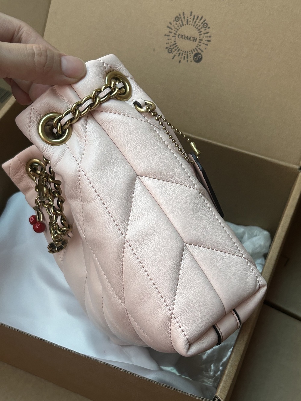 Coach Light Pink Quilted Leather Mini Bucket Bag With Cherry Charm - Picture 4 of 9